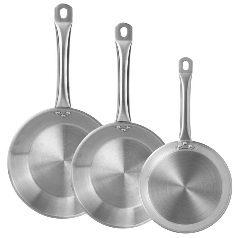 Set of 3 Frying Pans Ø20Ø22Ø24cm in Stainless Steel, Suitable for Induction and Without Non-Stick