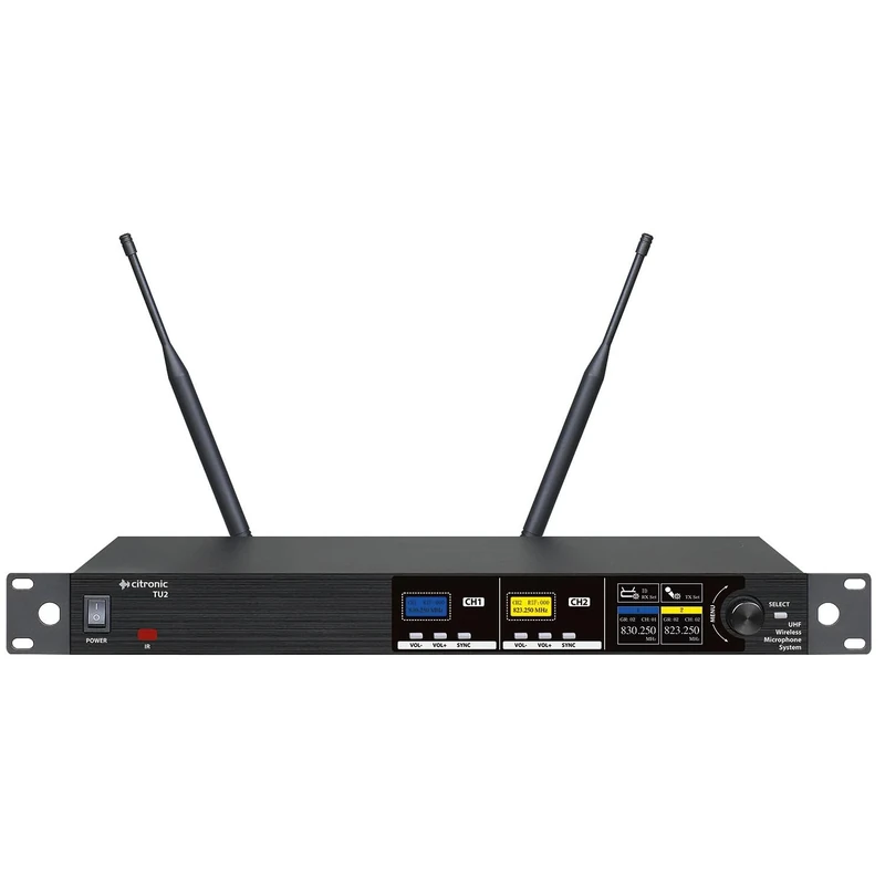 Citronic | Dual Wireless Microphone System with Tuneable UHF License-Free Frequencies, Stage, Theatre, Performance | 2 x Bodypack Transmitters with Neckband & Clip Microphones, Fully Programmable
