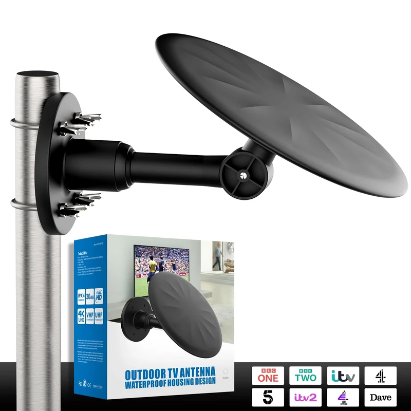 Outdoor TV Aerial with Signal Booster – 360° Reception Long Range Freeview Aerial for Smart TV & DVB-T2 – Supports 4K Full HD – Weatherproof Digital HDTV Antenna with 32.8FT Coaxial Cable