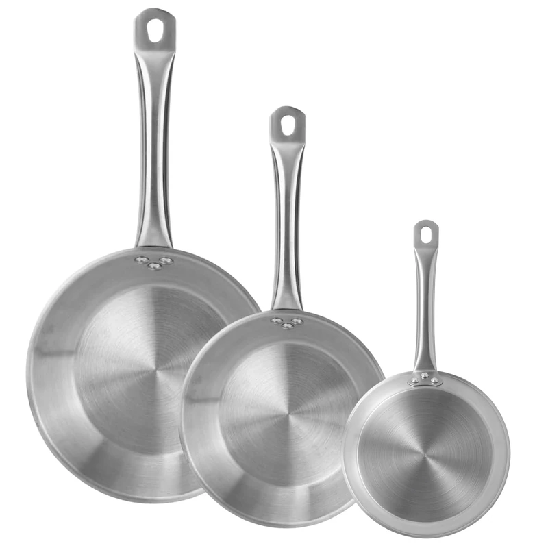 Set of 3 Frying Pans Ø26Ø28Ø30cm in Stainless Steel, Suitable for Induction and Without Non-Stick