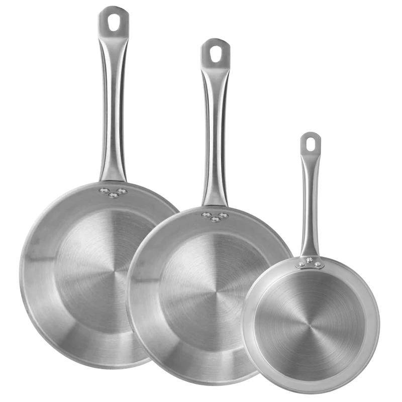 Set of 3 Frying Pans Ø22Ø26Ø28cm in Stainless Steel, Suitable for Induction and Without Non-Stick