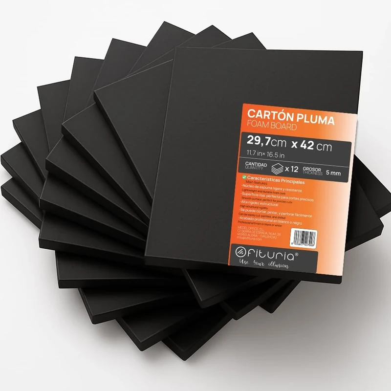 OFITURIA Black Foam Panel A3 (29.7 x 42 cm) Pack of 12 Pieces, Lightweight and Rigid Polystyrene Sheet, Multi-Purpose Foamboard with Easy Cut, Ideal for Crafts and Models, Thickness 5 mm