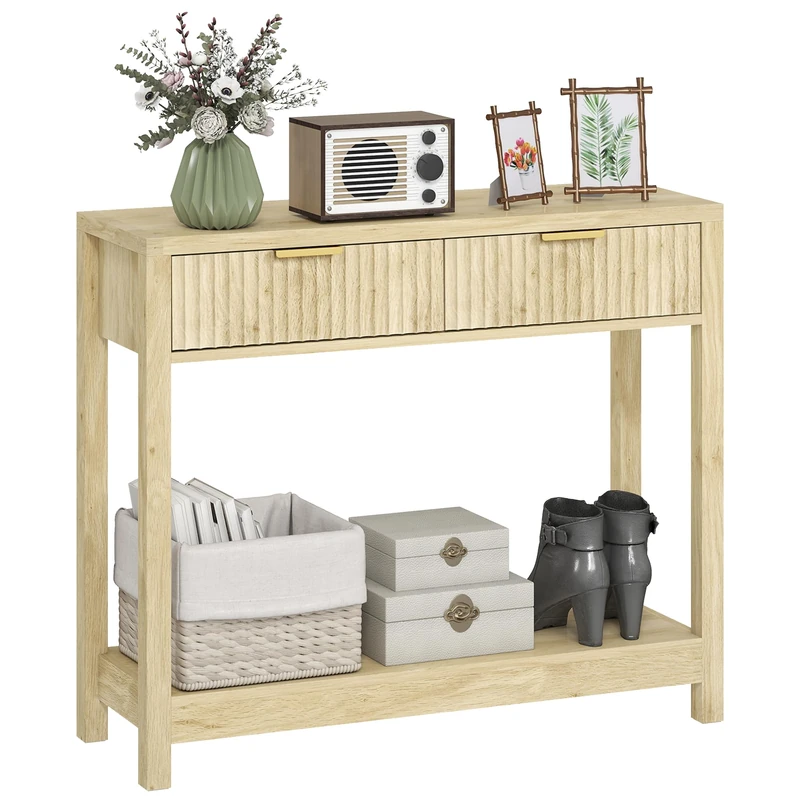 HOMCOM Modern Console Table with Fluted Panel Drawers, Narrow Hallway Table with Shelf for Entryway, Living Room, 90 x 30 x 76 cm, Natural Wood Finish
