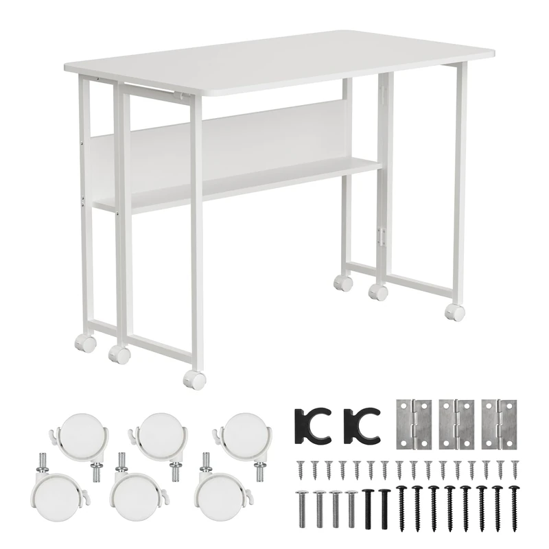 Maclean MC-126 W Folding Mobile Desk White 100x58 cm with shelf Steel frame 50 kg load capacity