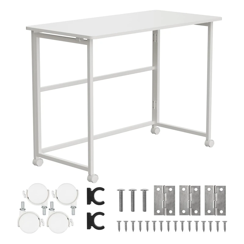 Maclean MC-1250 W Folding Mobile Desk, White, 100 x 50 cm, Steel Frame, 50 kg Load Capacity, Computer Desk, Work Table, Office Table on Wheels - Image 1