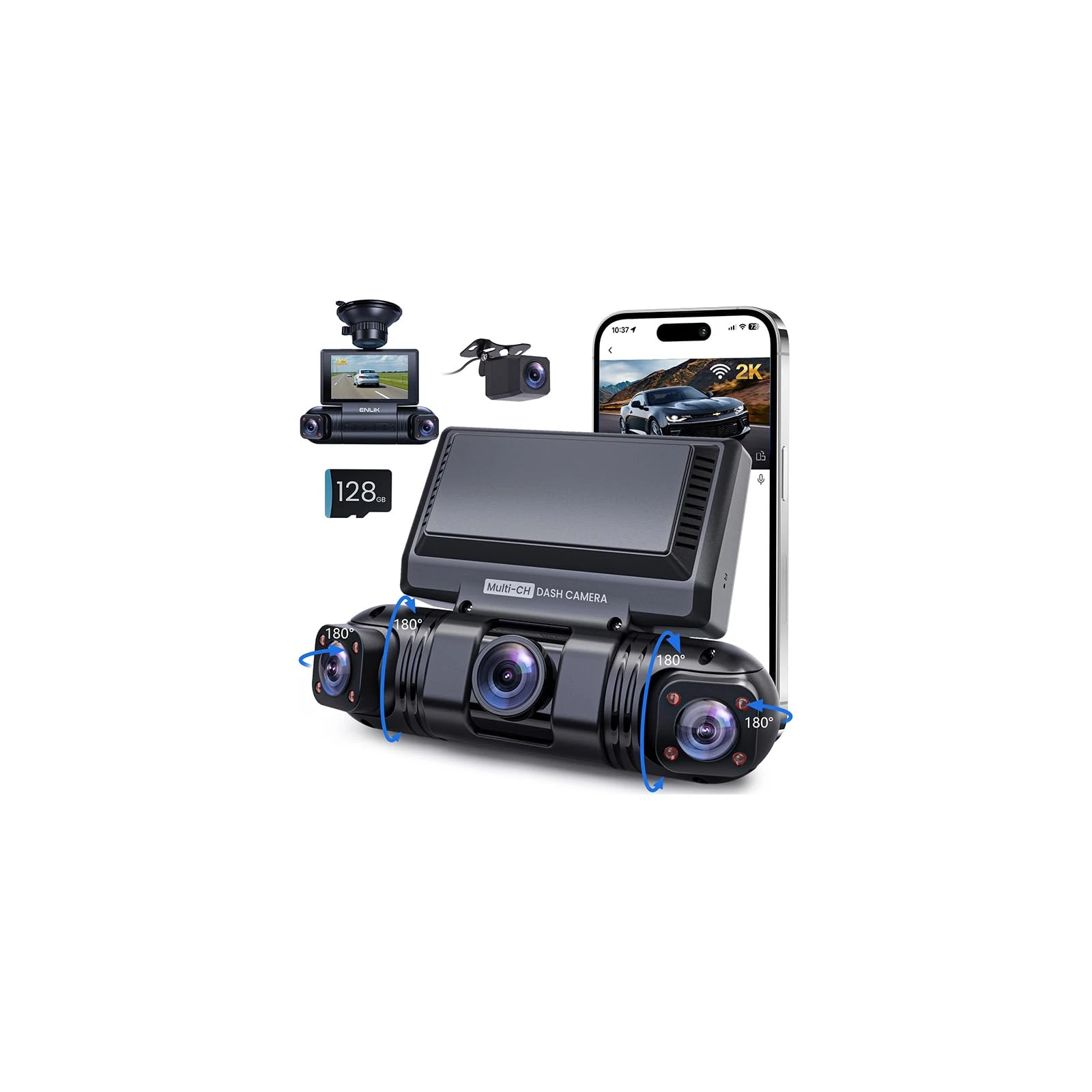 360° Dash Cam Front and Rear,4 Channel Wireless 2K Dash Cams for Cars,2K+1080P*3 Car Camera, Built-in Wi-Fi & APP, G-Sensor, 8 IR Lamps Night Vision, 128GB SD Card