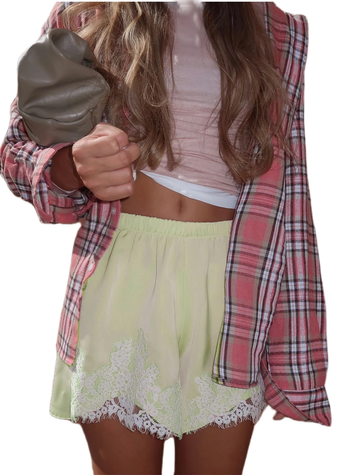 Boho Women Lace Trim Satin Shorts Elastic Waist Micro Shorts Pettipants Half Slip French Knickers Boyshorts Underwear Lounge Pants Pajamas Bottoms (Yellow, M)