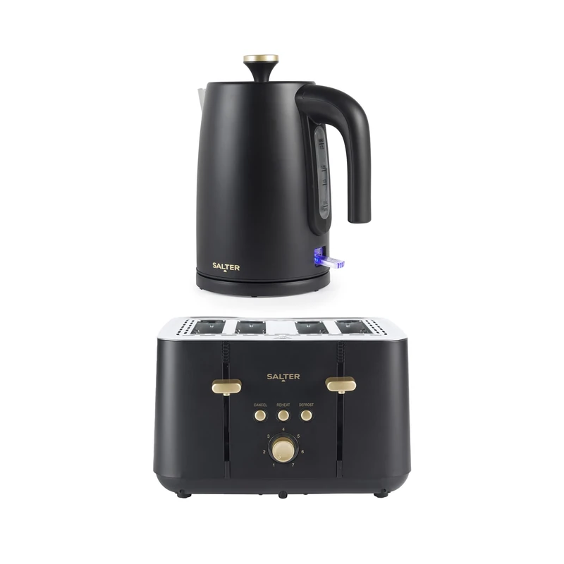 Salter Alchemy Kettle & Toaster Set – 1.7L BPA-Free Electric Kettle with 3kW Rapid Boil, 360° Swivel Base & Boil Dry Sensor, 4-Slice 1850W Toaster with 7 Browning Levels & High-Lift Eject, Black/Gold