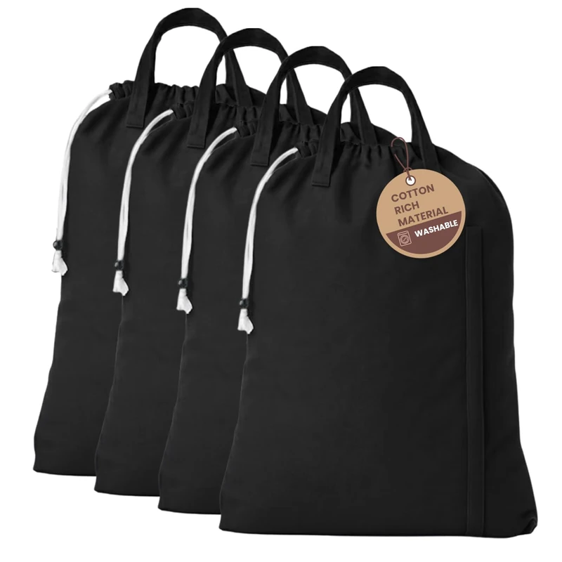 LFH Home Large Premium Cotton Canvas Laundry Bag with Drawstring and Handles Heavy Duty, Multi-Use, and Washable for Home, Travel, College or Storage 28x36 (Pack of 4)-Black