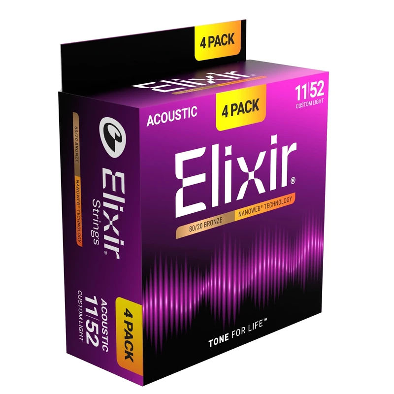 Elixir® Strings 80/20 Bronze Acoustic Guitar Strings with NANOWEB® Technology, Custom Light (.011-.052) - Amazon Exclusive 4 Pack