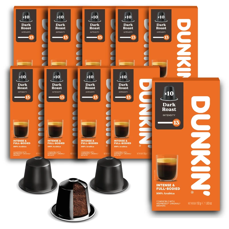 Dunkin' Coffee Dark Roast 100 Coffee Capsules, Compatible with Nespresso Original Capsule Machines, 100% Arabica Beans, Dark Roast with Gentle Roasted Aromas and Elegant Fullness, Intense and