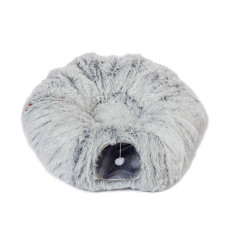Danish Design Cat Tunnel Fur Grey - Plush Play Tunnel and Bed with Removable Mattress for Cats - Foldable for Storage