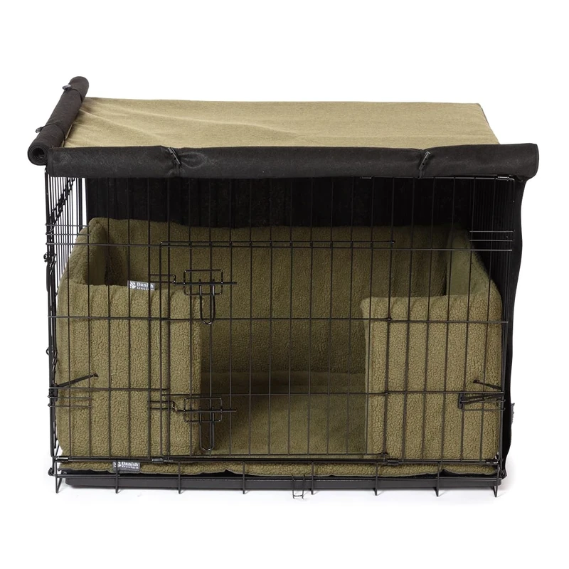 Danish Design Dog Crate Cover - Blackout Lined, Roll-Down Doors - Olive - XXL