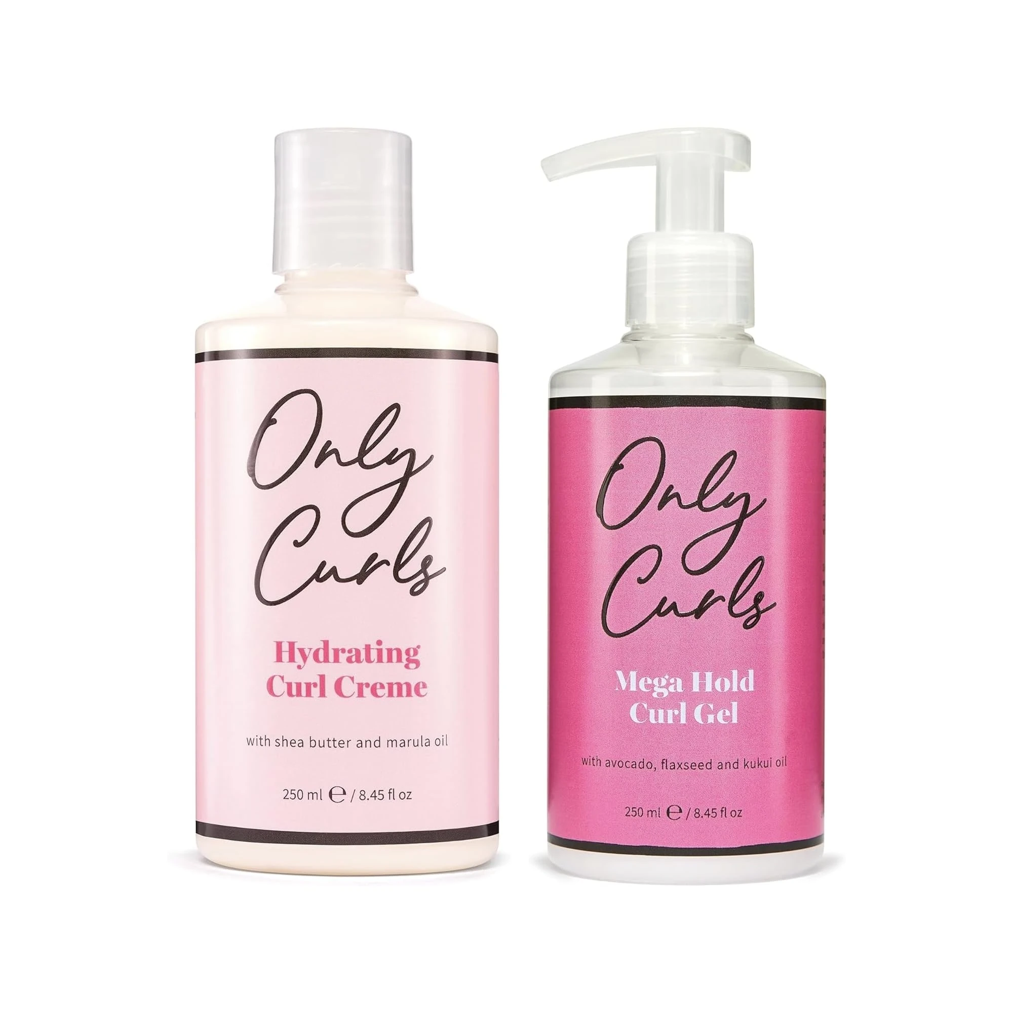 Only Curls Hydrating Curl Crème & Mega Hold Curl Gel Bundle, Curly Hair Products, Leave-in Styling Cream & Medium Hold Gel, Curl Enhancer & Frizz-Control Set, Soft & Defined Curls, Cast-Free, 250ml x2