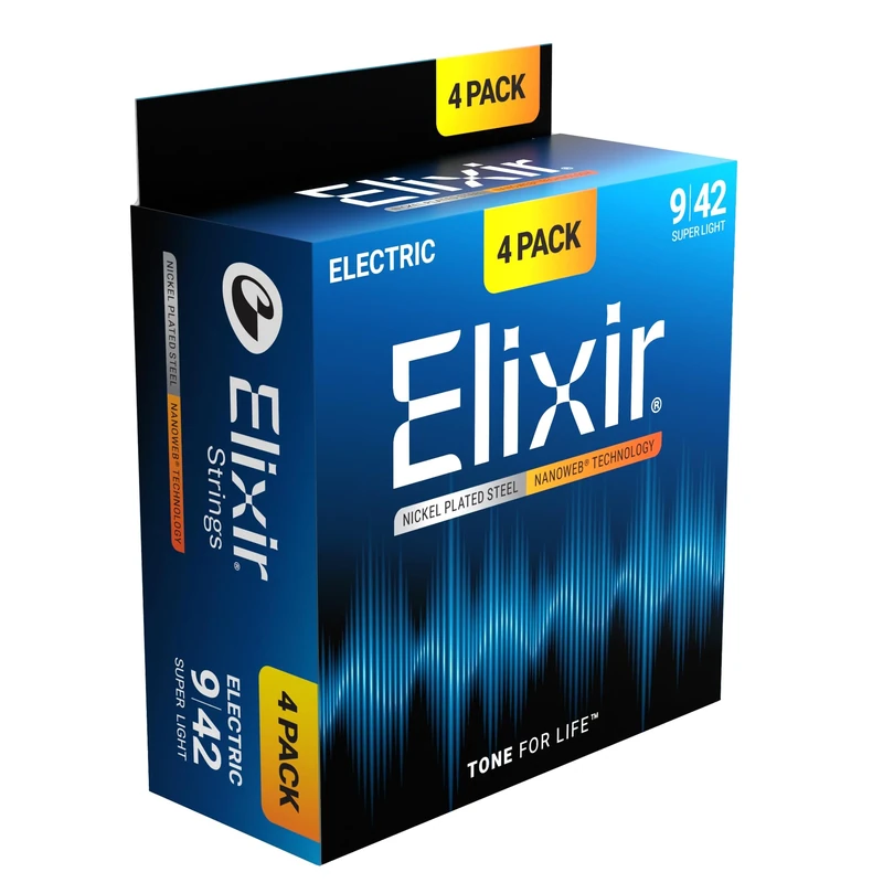 Elixir® Strings Electric Guitar Strings Nickel Plated with NANOWEB® Technology, Super Light (.009-.042) - Amazon Exclusive 4 Pack