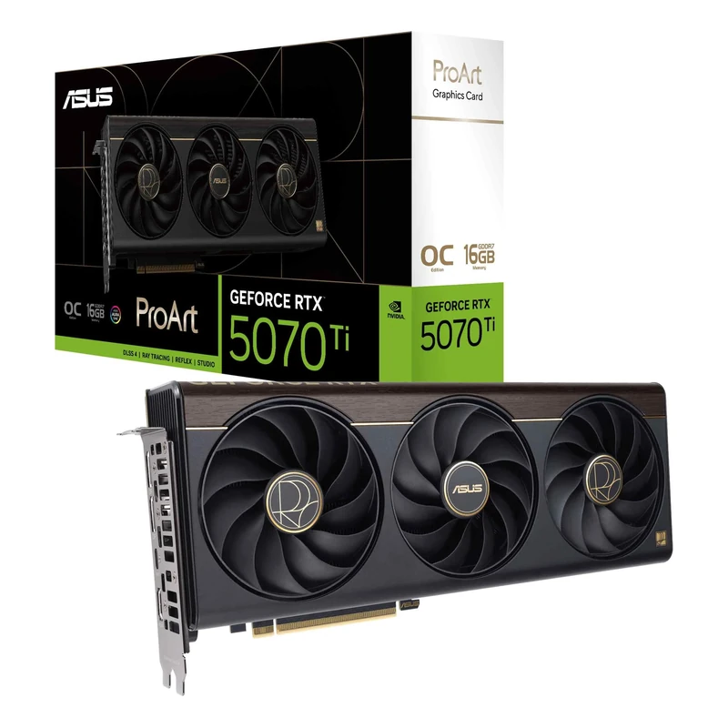 ASUS ProArt NVIDIA GeForce RTX 5070 Ti OC Edition, 16GB GDDR7, 256 Bit, PCIe 5.0, 2.5 Slot, 1 HDMI 2.1, 3 DisplayPort 2.1, USB-C, GPU Tweak III, Black, PROART-RTX5070TI-O16G
