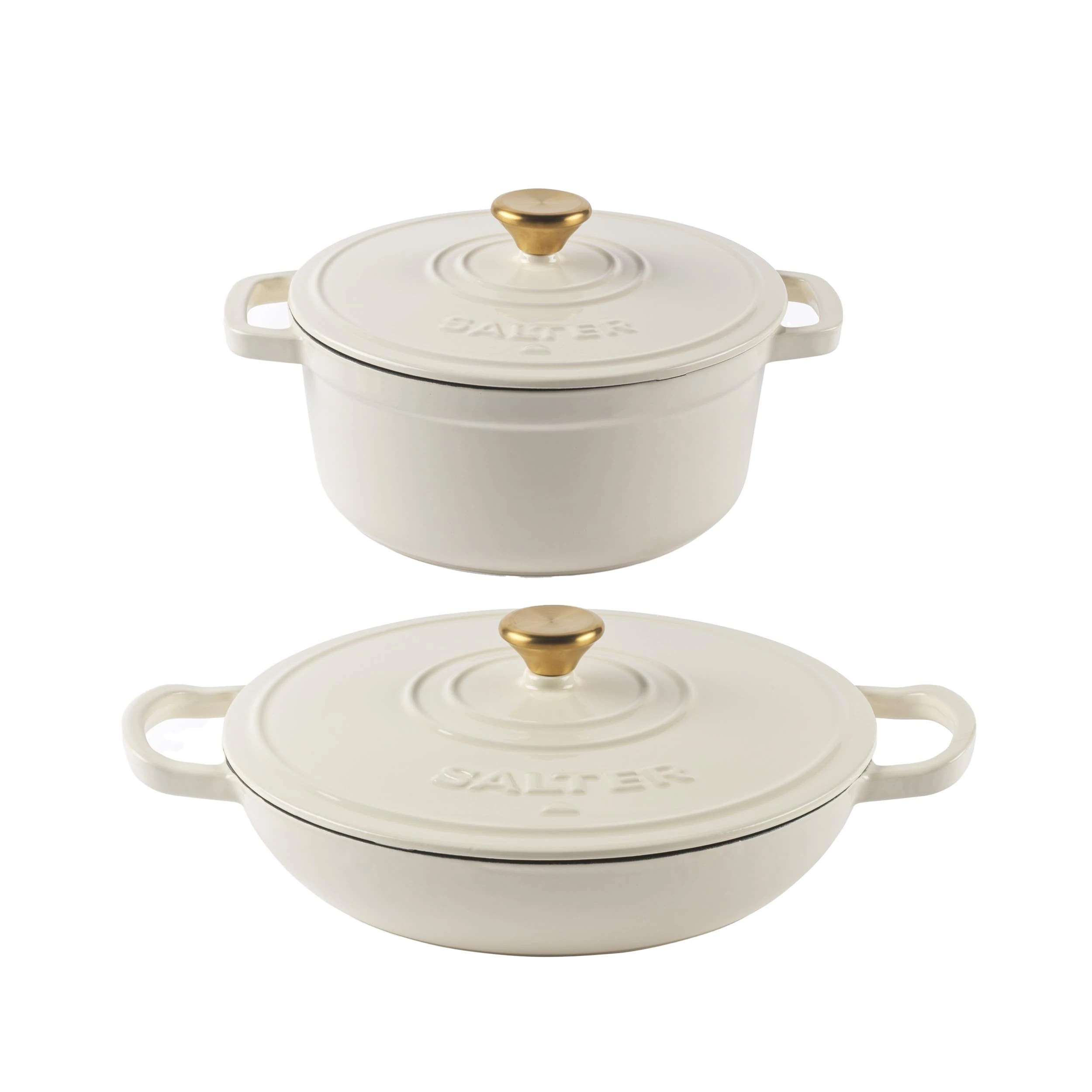 Salter Chester Cast Iron Casserole Set – 24cm & 30cm Dutch Oven/Stock Pots, Self-Basting Lids, Enamel Coated Cast Iron, Hob to Table Cooking, Oven Safe to 240°C, Induction Compatible, PFAS-Free, Cream