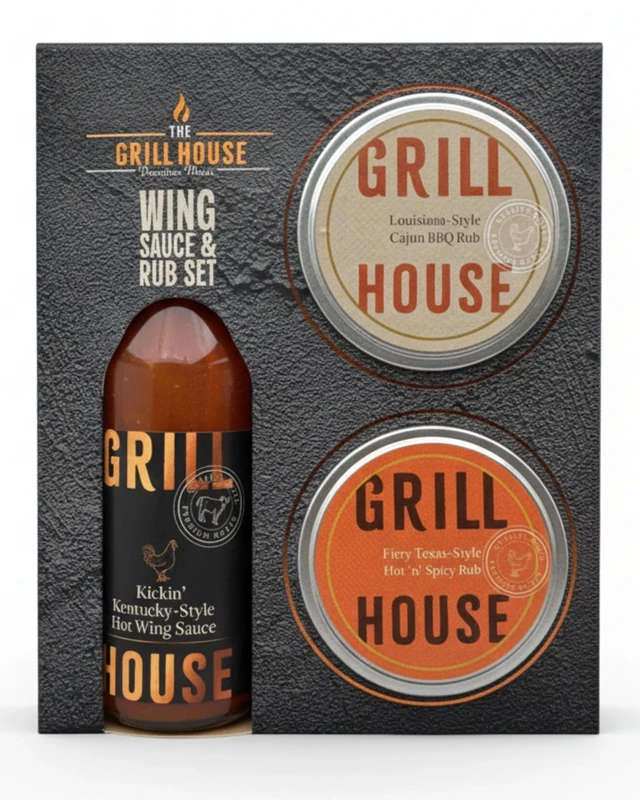 The Grill House Wing Sauce & BBQ Rub Gift Set - 140 ml Hot Sauce, 2 x 20 g Fiery Texas & Cajun Spices & Rub Seasoning for Chicken, Beef & Pork Meats - Men's BBQ Gifts, Food Gifts for Men, Valentines