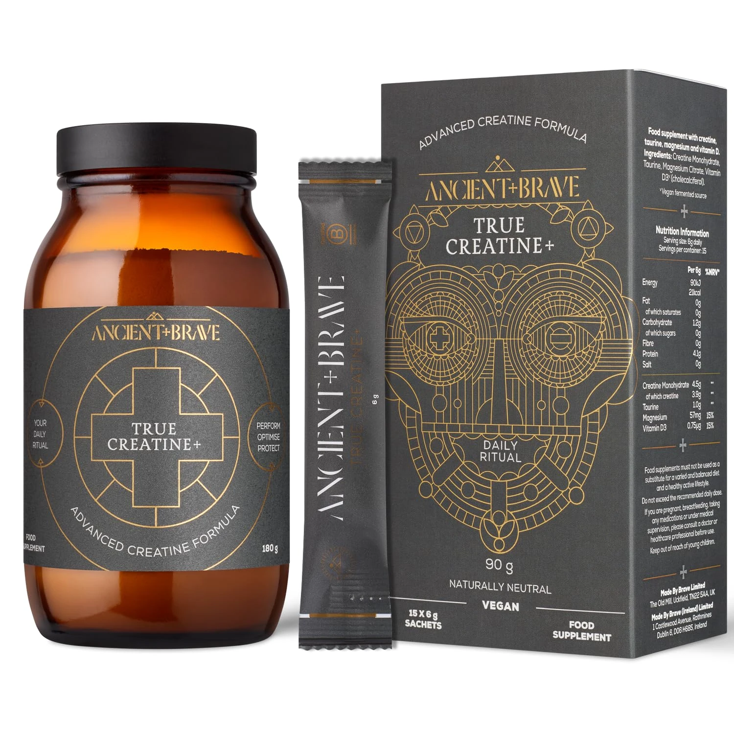 Ancient + Brave - True Creatine+ Jar 180g & Sachets 90g - Premium Creatine Monohydrate Powder - 100% Micronized for Women - High Performance, Strength Building, Muscle Recovery, Cognition, Wellness