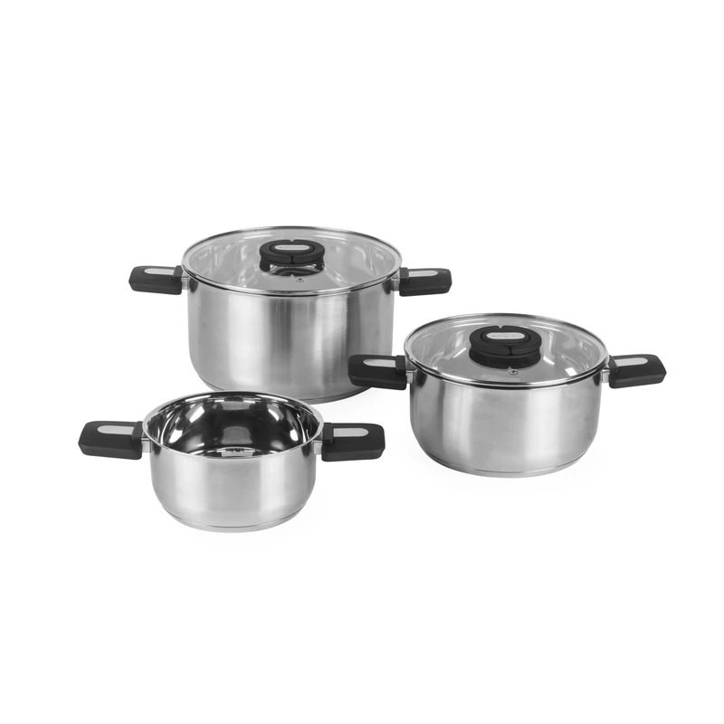 Salter Stackable 3-Piece Stockpot Set – 16/20/24 cm Stack-in Stainless Steel Cooking Pots, Nesting Design, Foldable Soft-Touch Handles, Induction Suitable, Tempered Glass Lids with Steam Vents