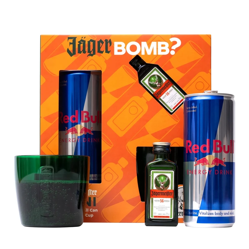Jager Bomb Gift Set - Official Jagermeister Shot Liqueur Bottle 2cl, Red Bull Energy Can 250 ml & Jager Bomb Plastic Cup - Perfect Jager Gift Set, Alcohol Gifts for Him, Her, Birthday, Valentines