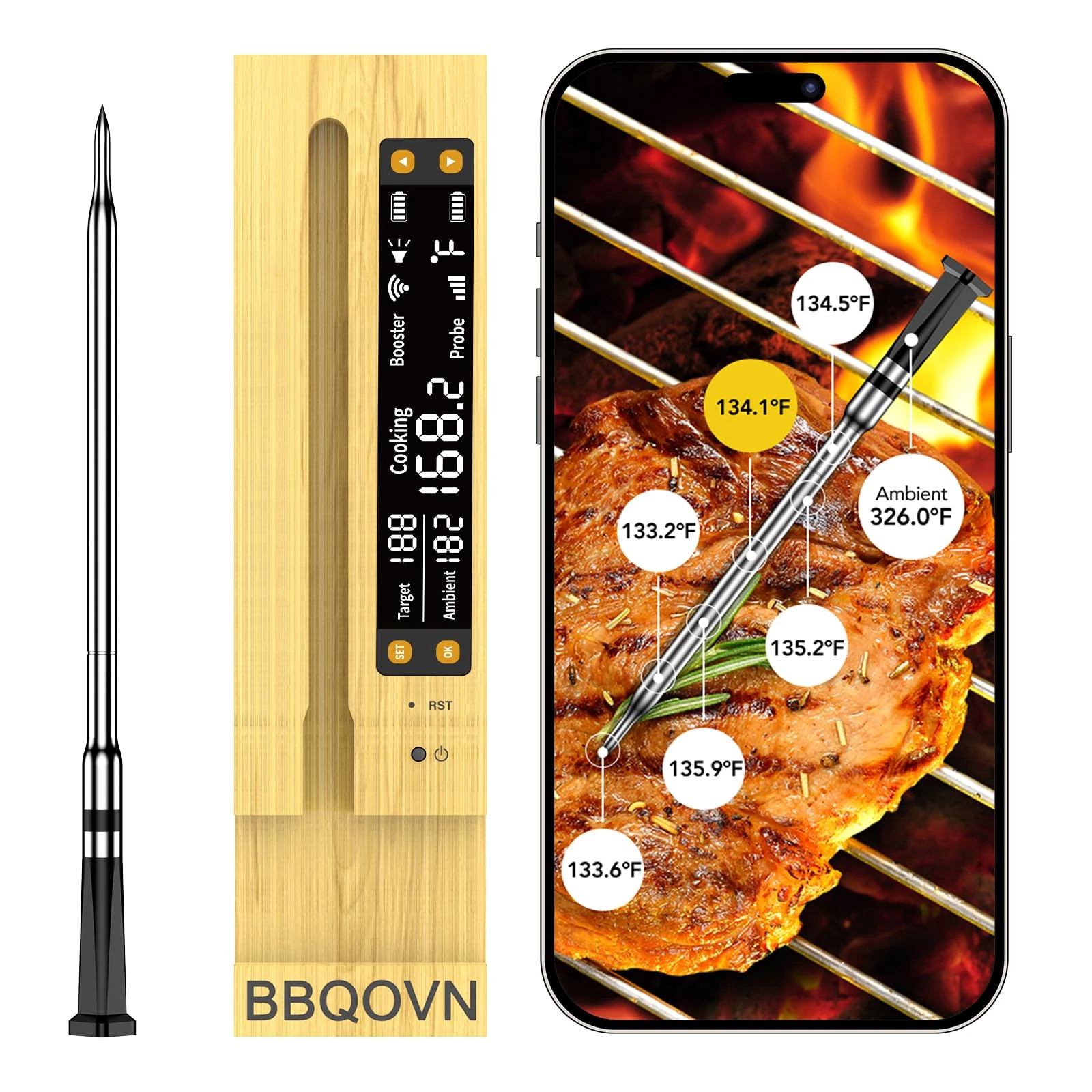 BBQOVN WiFi Sub-1G Wireless Meat Thermometer Unlimited Range 7 NIST Certified Sensors with Ambient Temp 2 Temp Monitoring Ways Digital Smart Base and App for BBQ, Smoker, Grill, Oven (1, black, small)