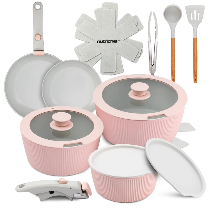 NutriChef Ceramic Pots and Pans Set with Detachable Handles – 18-Piece Stackable Non-Stick Cookware, Oven Safe, PTFE-Free, Space-Saving Cookware for Modern Kitchens, Pink