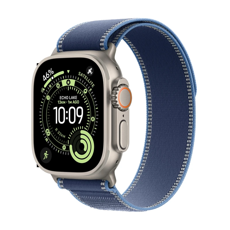 Apple Watch Ultra 3 GPS + Cellular 49mm Premium Running and Multisport Smartwatch with Rugged Natural Titanium Case with Blue/Bright Blue Trail Loop M/L. Advanced Health and Fitness Tracking
