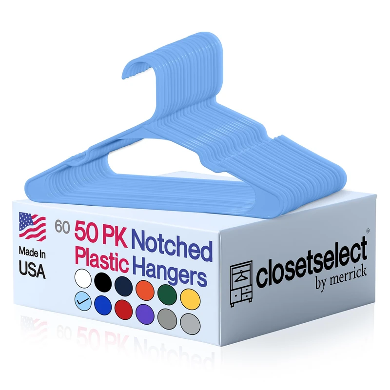 Plastic Hangers 50 Pack, Strong Space Saving Clothes Hanger, Made in USA, Perfect Shirt or Coat Plastic Hanger, with Shoulder Grooves, Victory Blue, Notched