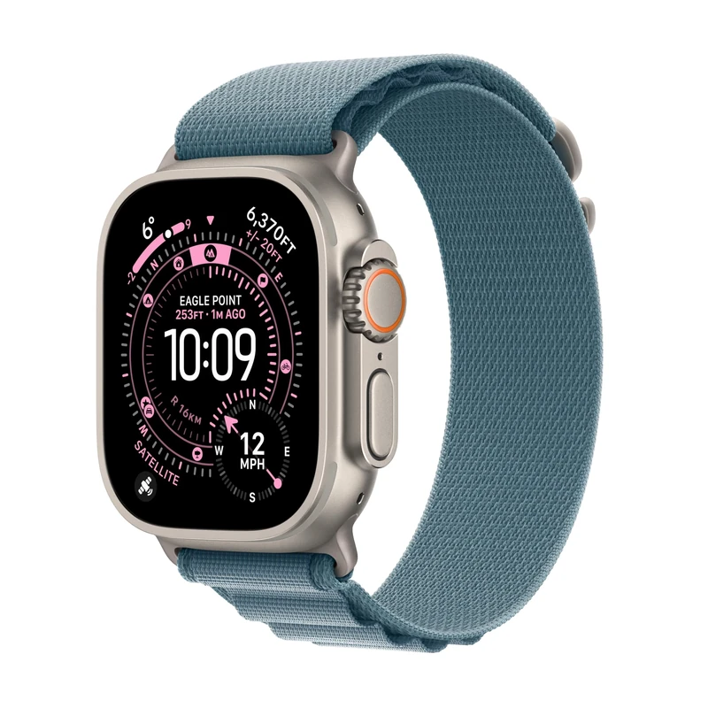 Apple Watch Ultra 3 GPS + Cellular 49mm Premium Running and Multisport Smartwatch with Rugged Natural Titanium Case with Light Blue Alpine Loop - Medium. Advanced Health and Fitness Tracking