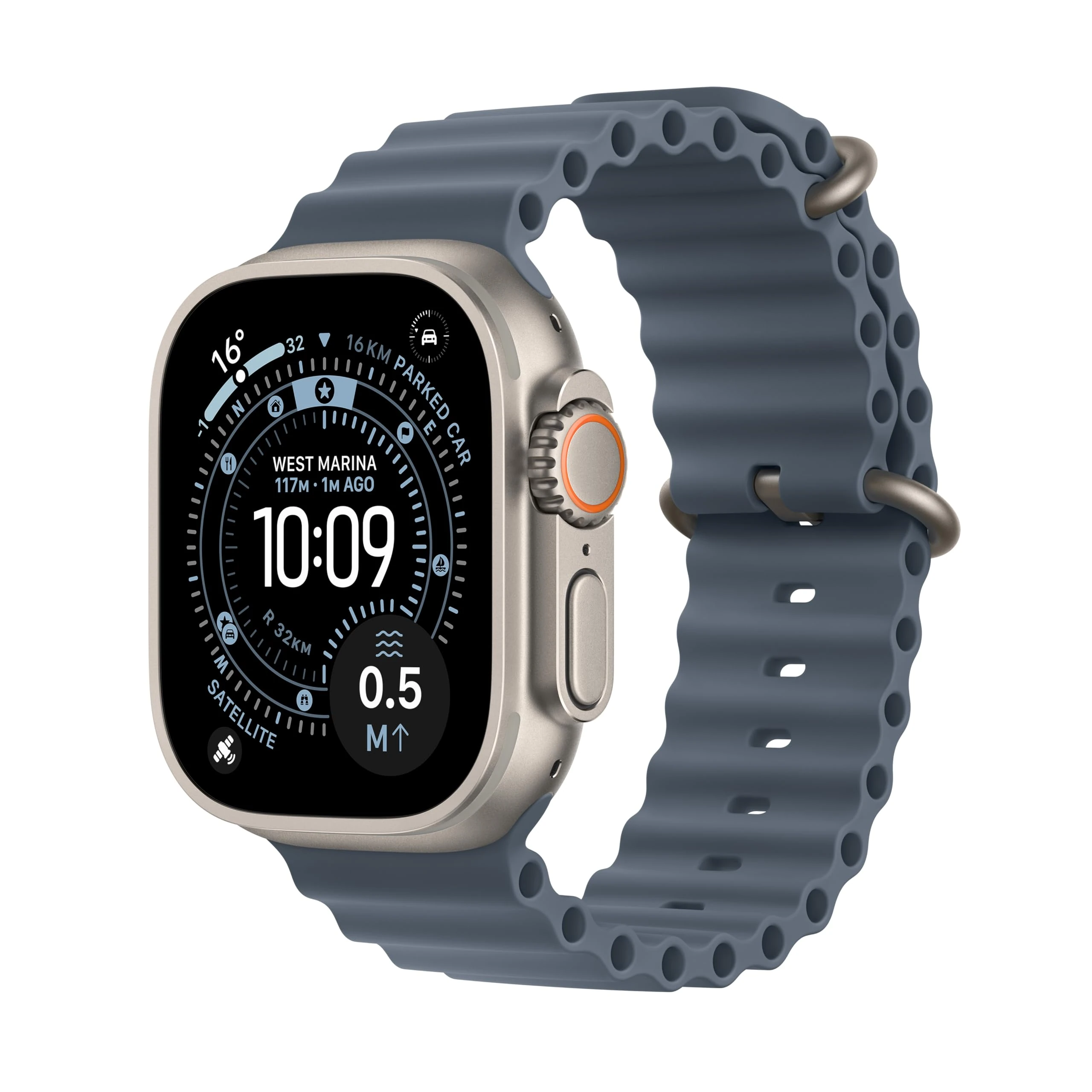 Apple Watch Ultra 3 GPS + Cellular 49mm Premium Running and Multisport Smartwatch with Rugged Natural Titanium Case with Anchor Blue Ocean Band. Advanced Health and Fitness Tracking