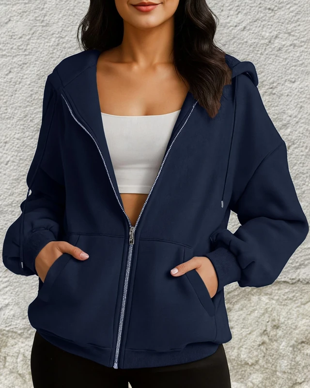 Women's Sweatshirts Zip Up Casual Long Sleeve Comfy Hoodies, Navy Blue, X-Large