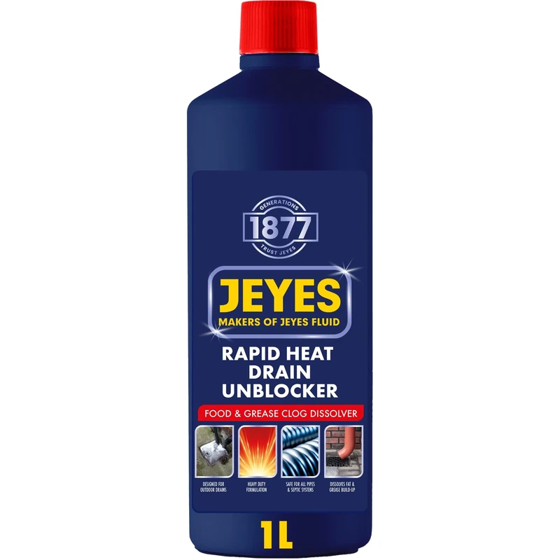 Jeyes Rapid Heat Outdoor Drain Unblocker 1L – Heat-Activated Kitchen Sink Unblocker – Heavy Duty Drain Cleaner Melts Grease, Fat & Food Waste Fast – Safe for All Pipes & Septic Systems