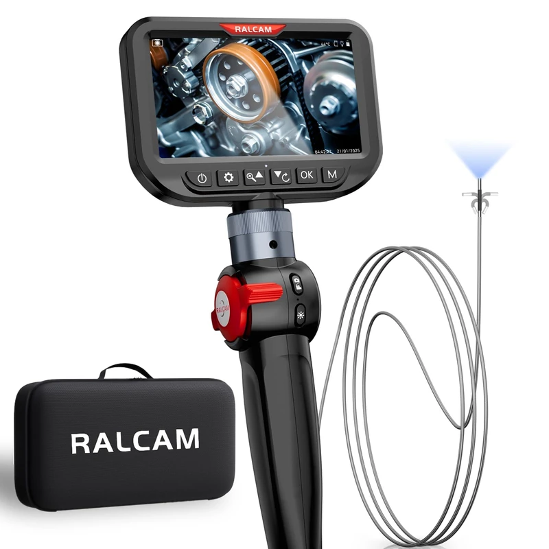 Ralcam Endoscope Camera with Light, Endoscope Camera with 210° Movable Head, 3.0 mm Probe, 5 Inch HD Screen, IP67 Inspection Camera, 1.5 m Stainless Steel Serpentine Tube, Tube Camera for Car and Home