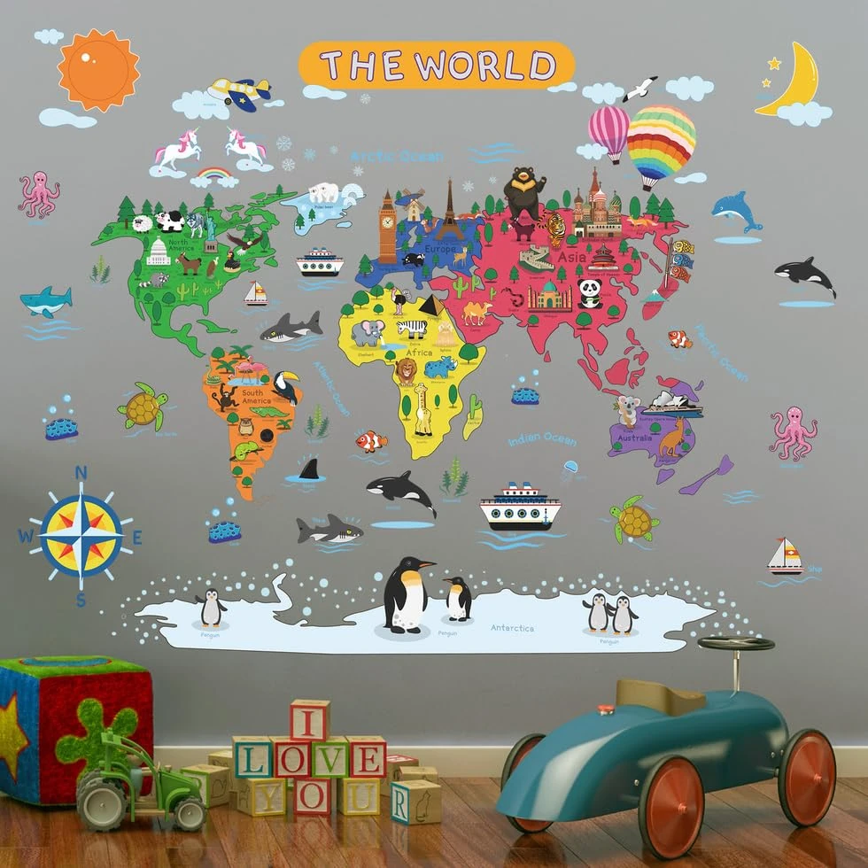 Removable Cartoon Animals World Map Wall Decals Large Educational Animal Landmarks World Map Peel & Stick Wall Sticker Decor for Kids Bedroom Living Room Classroom Nursery Home Walls