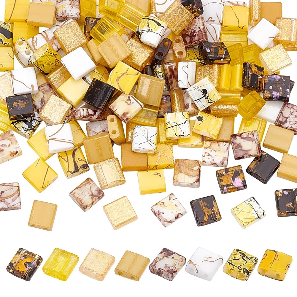 PH PandaHall 160pcs 8 Colours 2 Hole Seed Beads Golden Tila Bead Antique Style Flat Square Glass Loose Spacers for Multi-Strand Bracelet Necklace Jewellery DIY Craft Making, 5x4.5~5.5mm