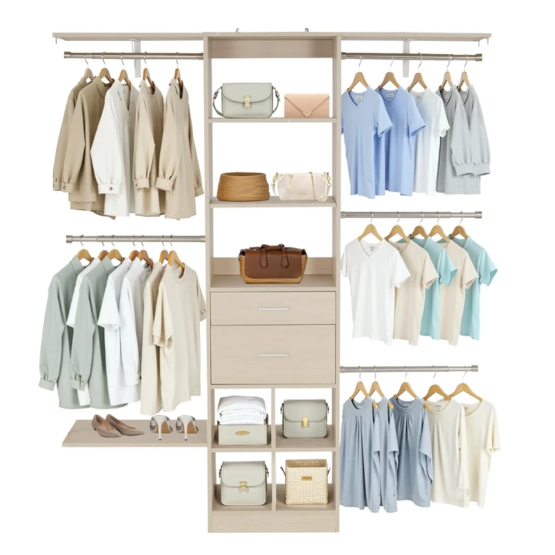 VEVOR Closet System with 2 Drawers, Adjustable Height Wooden Closet Organizers, Modern Walk-in Wardrobe Organization with 5 Retractable Clothes Hanger Rods, Freestanding Garment Rack Storage, Grey