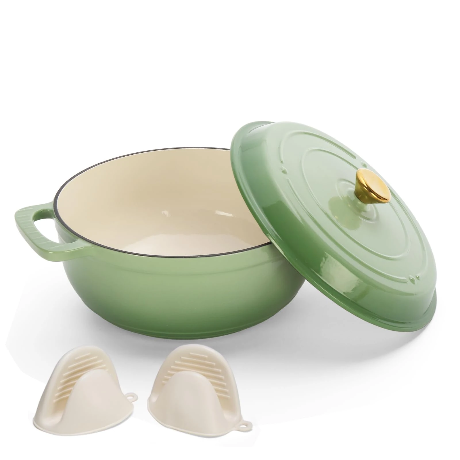 Bonnlo Enameled Cast Iron Round Pot, 26cm/5.2L Dutch Oven Cookware with Lid, Silicone Gloves, Heavy-Duty Pre-Seasoned Cookware for Bread Baking, Braising, Stews, Roasting - Green, 5QT