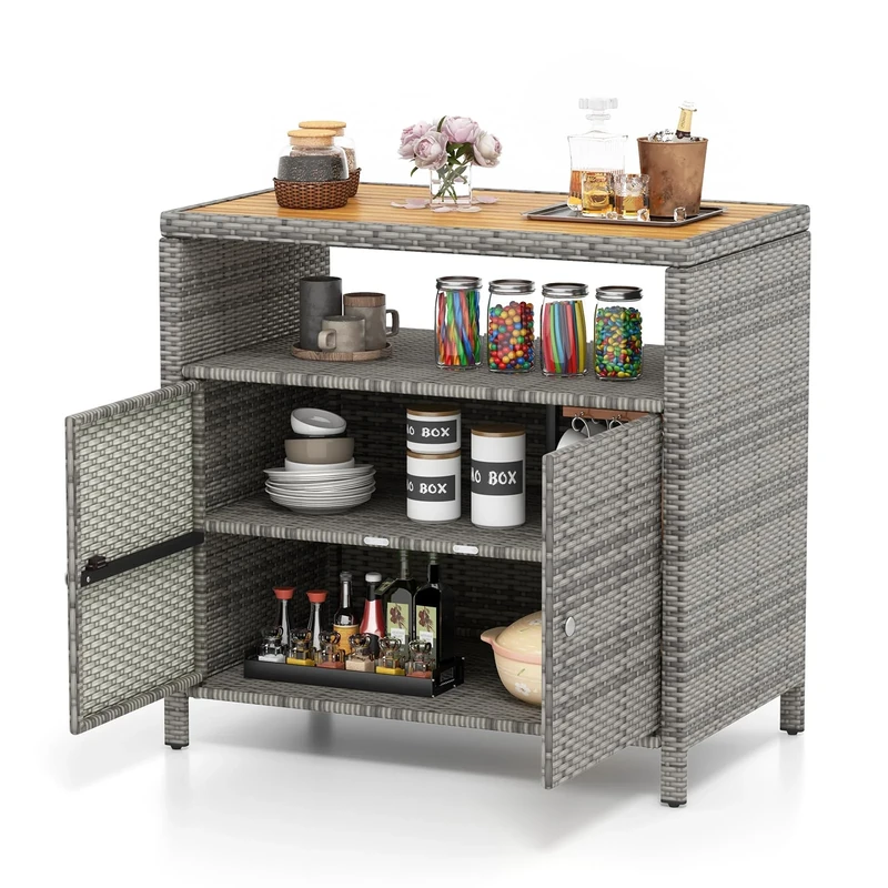 FANTASK Rattan Garden Cabinet, Buffet Cabinet with Acacia Wood Worktop, Storage Cabinet with Open Compartment and Double Door, BBQ Side Table for Garden, Patio, 90 x 53 x 86 cm (Grey)