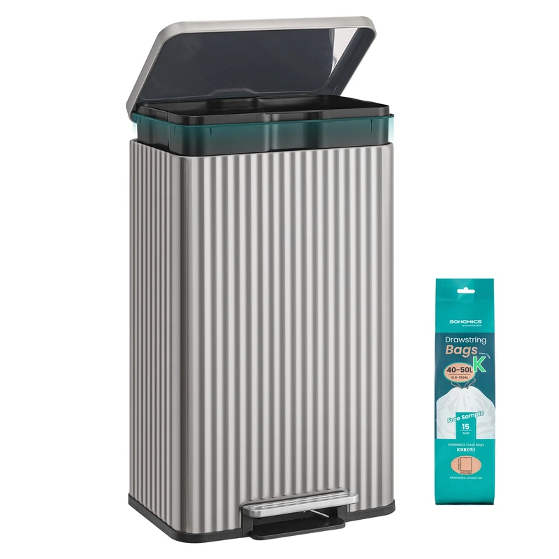 SONGMICS Kitchen Bin, 13 Gallon (50 L) Waste Bin with Pedal, Soft-Close Lid, and Removable Inner Bucket, Stainless Steel, 15 Rubbish Bags (Code K) Included, Metallic Silver LTB586EZ01
