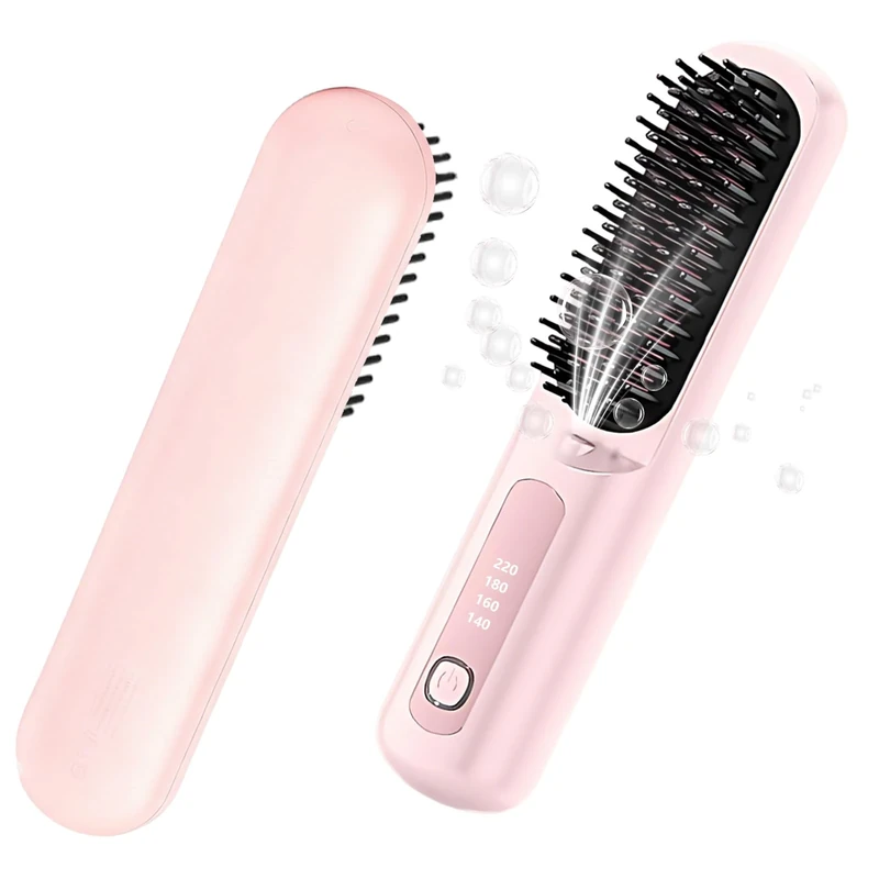 Go Brush Pro, Cordless Hair Straightener Brush, Ionic Ceramic Straightening Comb with 4 Heat Settings, LED Display, USB Rechargeable, Portable for Travel & Daily Use, Anti-Frizz Design (Pink)
