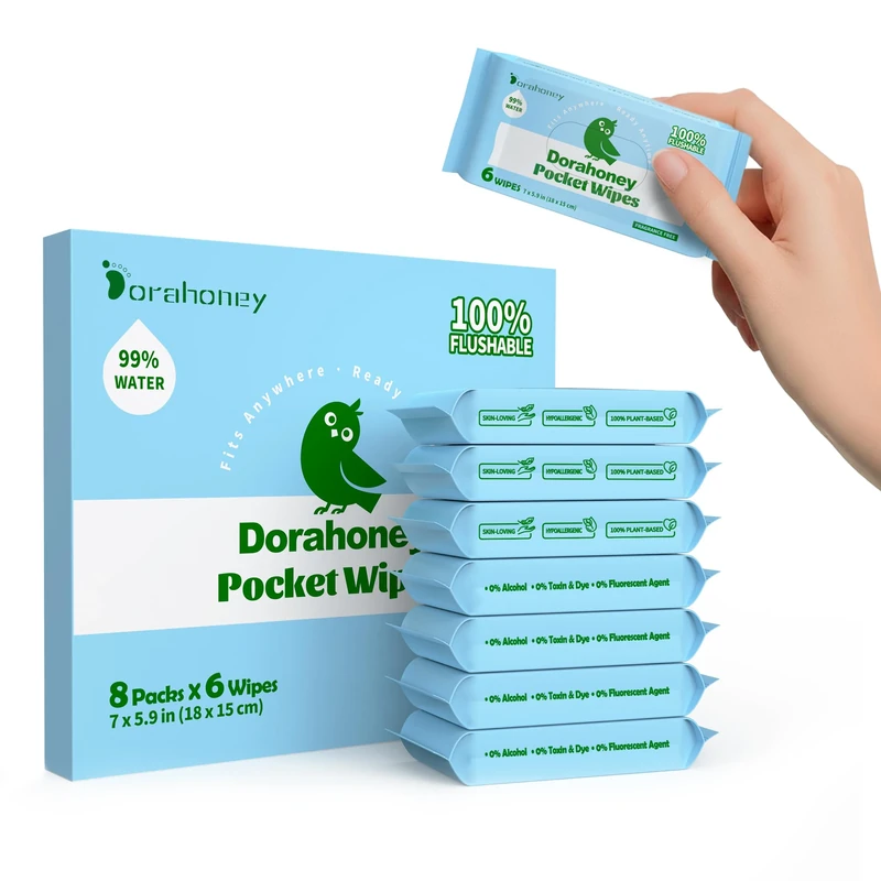 Dorahoney Mini Flushable Wet Wipes, Travel Size, 99% Water, Unscented & Hypoallergenic for Adults, Kids and Baby Care with Sensitive Skin, Pocket-Sized Travel Essentials Wipes, 8 Pack (48 Wipes Total)