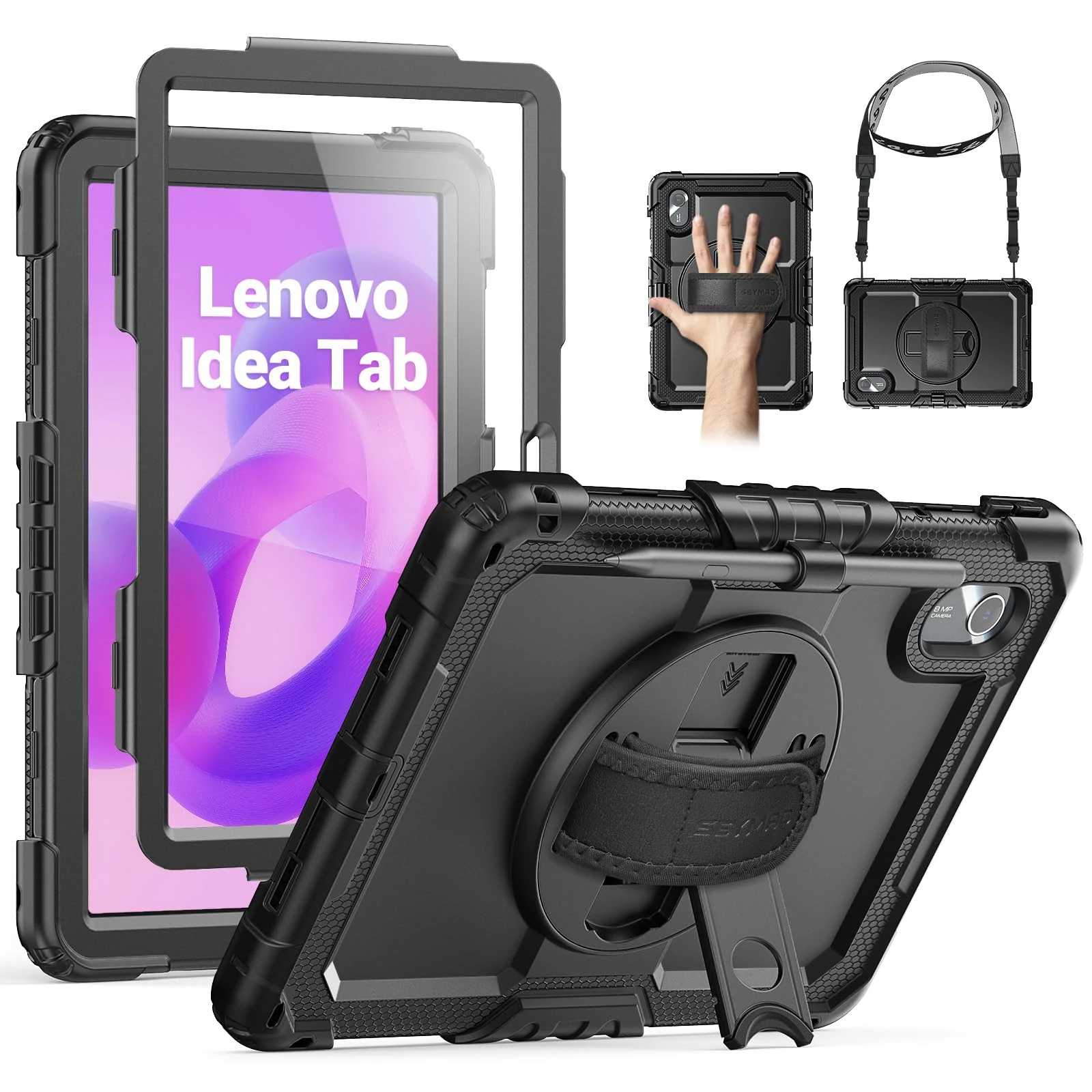SEYMAC Lenovo Idea Tab 11 Inch 2025/Tab M11/Xiaoxin Pad/Tab K11 Gen 2 (TB336/TB330/TB331/TB335) Case Cover with Screen Protector, 360° Swivel Stand, Shoulder Strap, Pen Holder, Black
