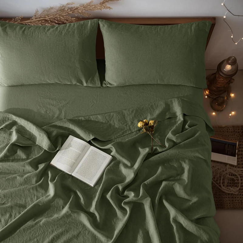LBRO2M 100% Linen Sheet Set Twin Size,Bed Sheets 3 Piece Sets,Solid Color Natural Flax Bed Sheets Soft Breathable Bedding,16" Deep Pocket,All Season (Twin, Olive Green)