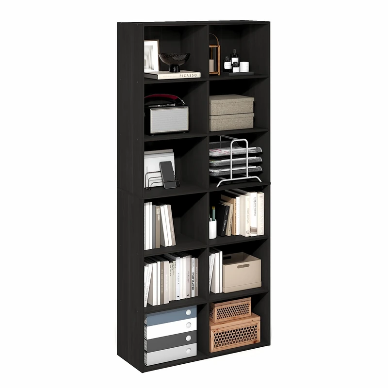 Furinno BASIC Book Shelf, 12-Cube Bookshelf, Bookcase with Open Shelf, Cube Storage Organizer, 12 x 32 x 71, for Living Room, Home Office, Espresso