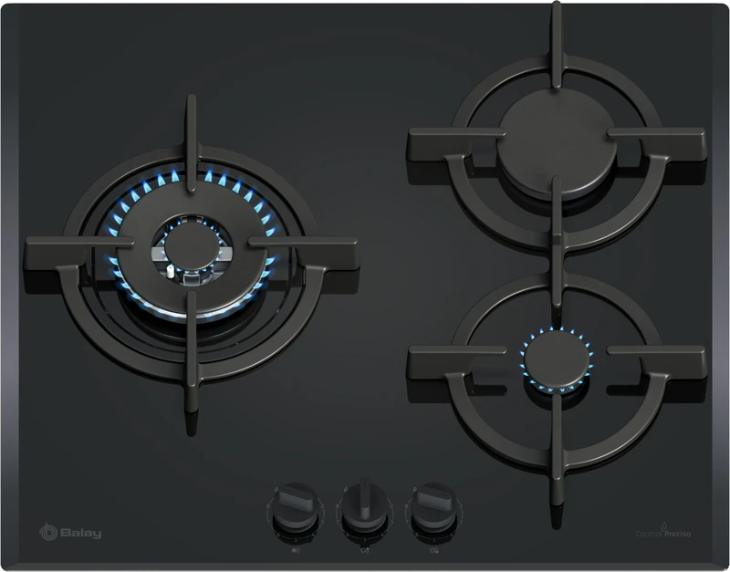 Balay 3ETG663RN Gas Hob, 60 cm Wide, 3 Cooking Zones, Removable Controls, Flame Control, Self-Ignition, GasStop, Black, 3ETG663RN