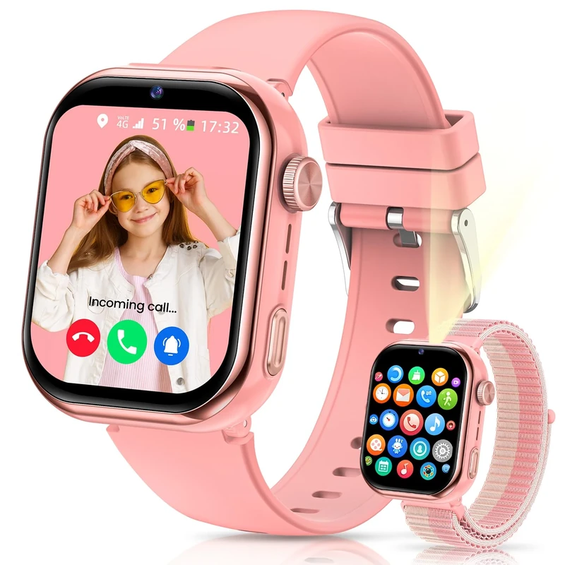 4G Children's Smartwatch IP68 Smartwatch with GPS, Dual Camera, Video Calls, Voice Chat, SOS, SMS School Mode, Pedometer, Smart Watch for Boys and Girls Pink