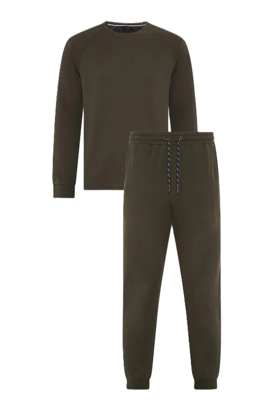 Ted Baker Men's Waffle Long Sleeve Shirt & Jogger Set Pajama, Khaki, M
