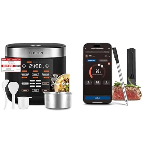 COSORI Rice Cooker and Meat thermometer, Slow Cooker & Steamer with Ceramic Coated Inner Pot and Fuzzy Logic, 50 Recipes,10 Cups, 5L Capacity, with 17 Functions, Warmer, Timer, Black