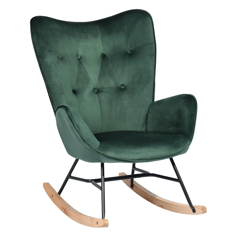 39F Furniture Dream Velvet Rocking Chair – Green Accent Armchair with Wooden Base & Metal Frame, High Back Lounge Chair for Living Room or Nursery